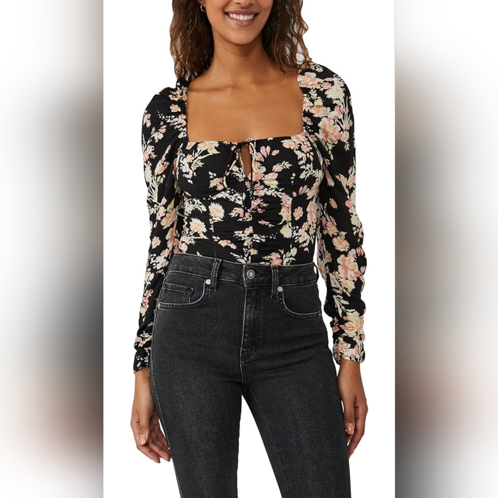 NWT Free People Hilary Print Top BlackCombo Boho Floral BlouseCro…